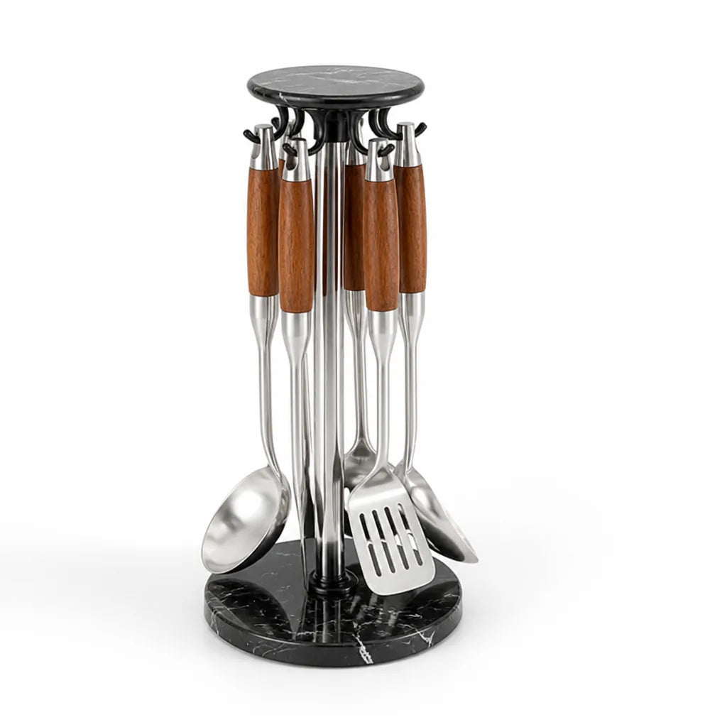 Utensil Holder Rotating Stainless Steel & Marble Base