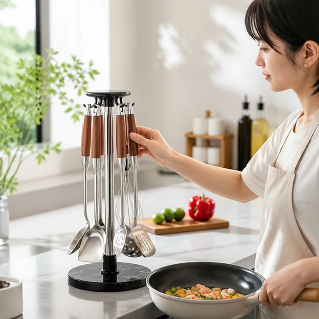 Utensil Holder Rotating Stainless Steel & Marble Base