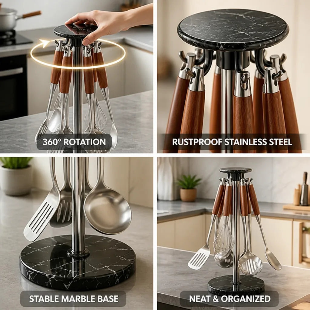 Utensil Holder Rotating Stainless Steel & Marble Base