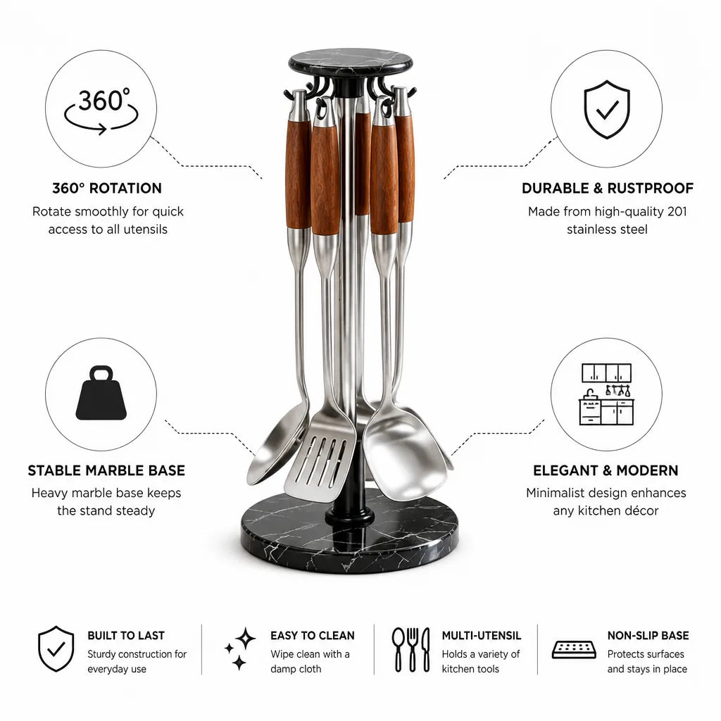 Utensil Holder Rotating Stainless Steel & Marble Base