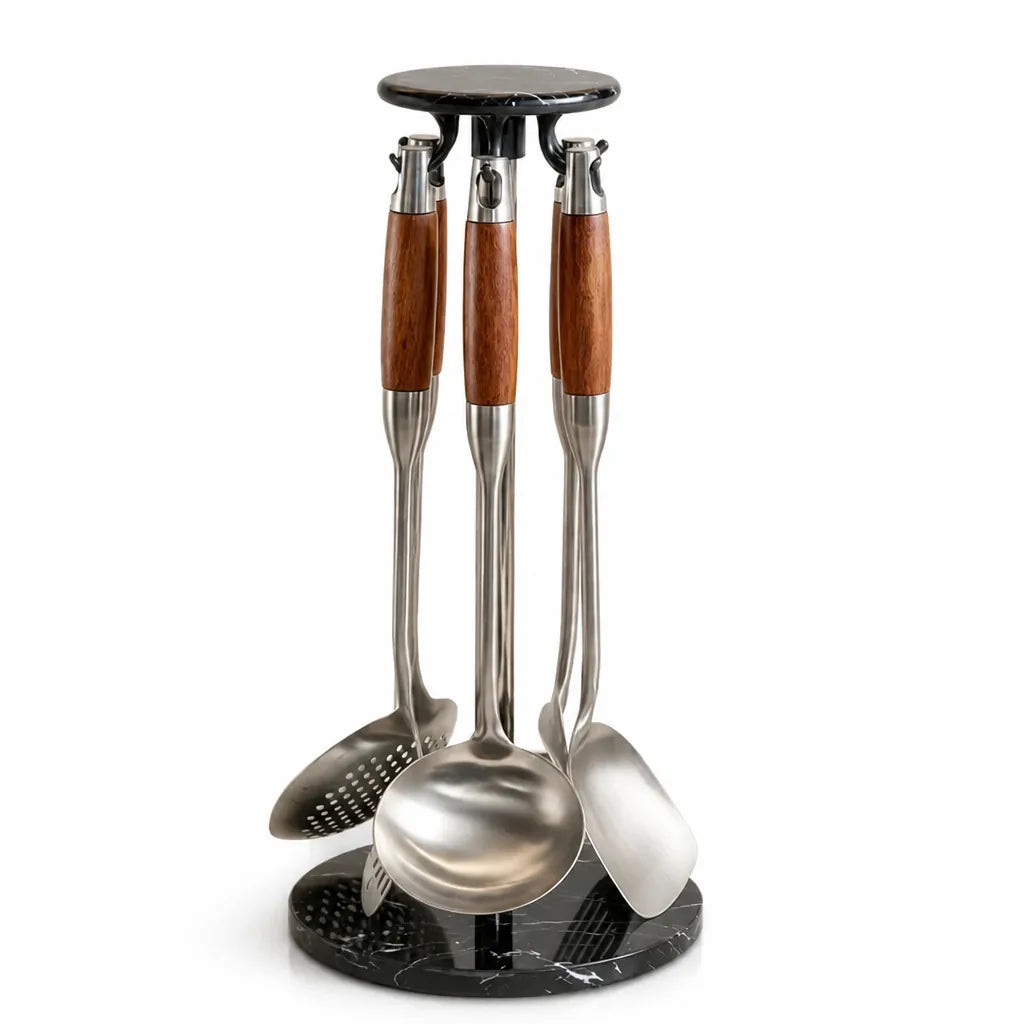 Utensil Holder Rotating Stainless Steel & Marble Base