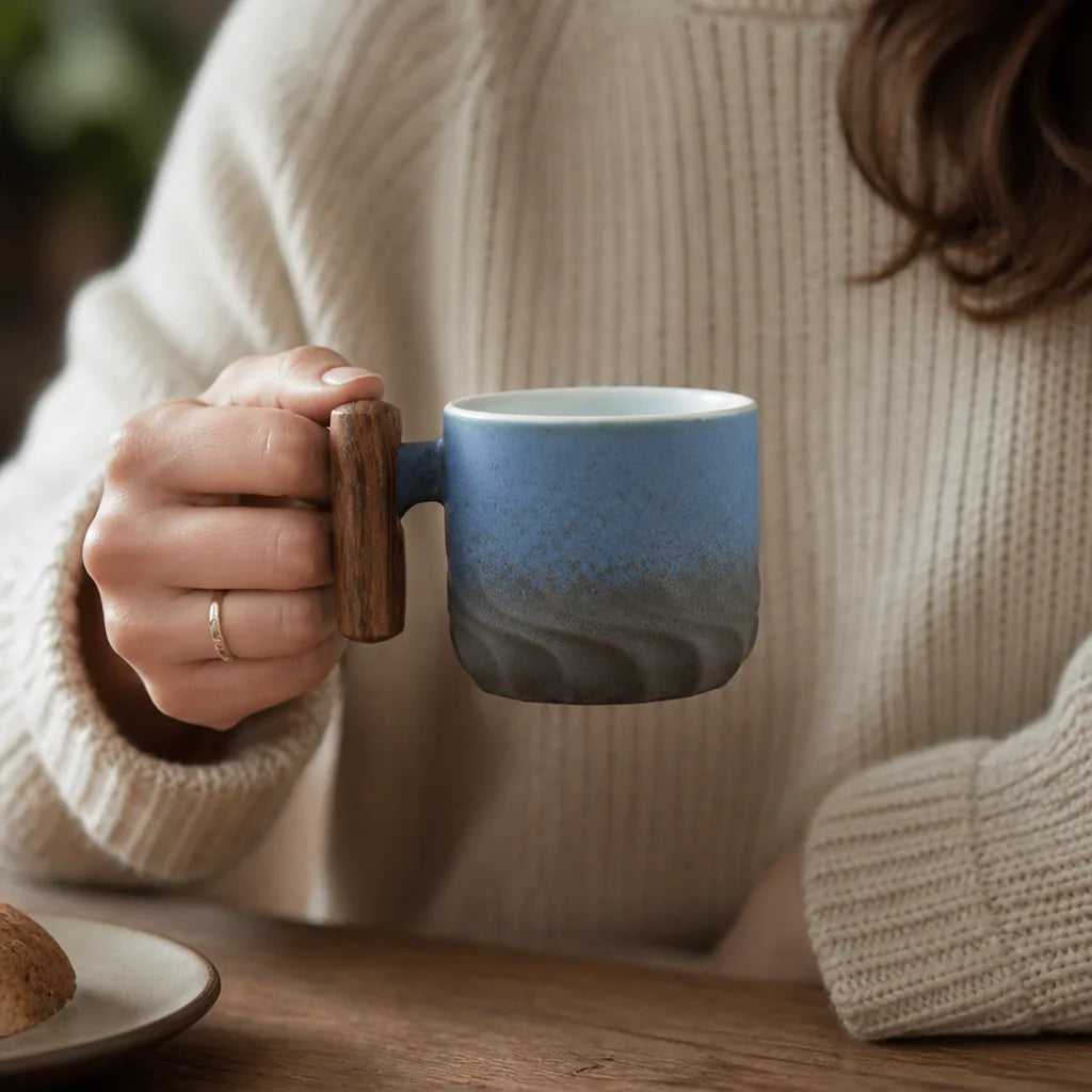 Vintage Textured Espresso Cup with Wood Handle