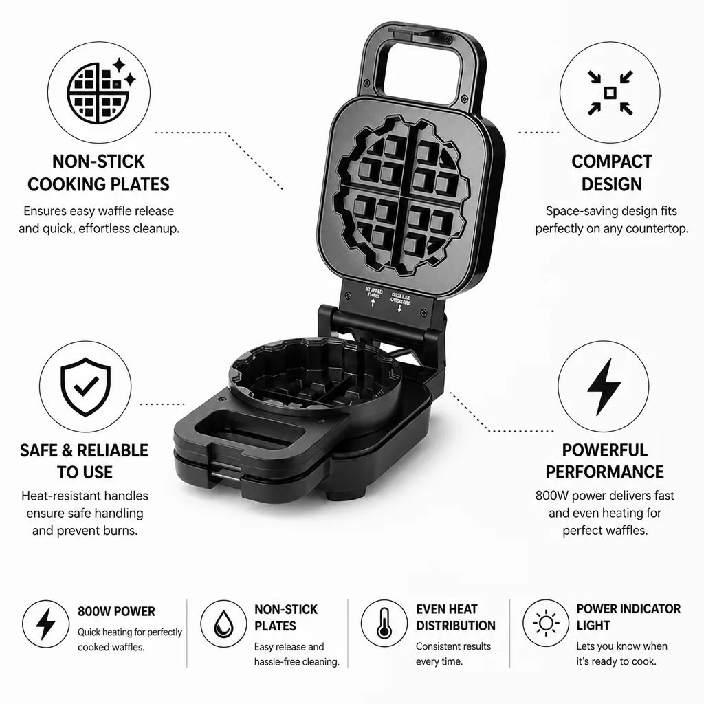 Waffle Maker 800W Non-Stick Plates & Heat Resistant Handles