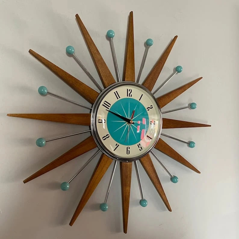 Wall Clock Mid-Century Sunburst Silent Operation Handcrafted Construction