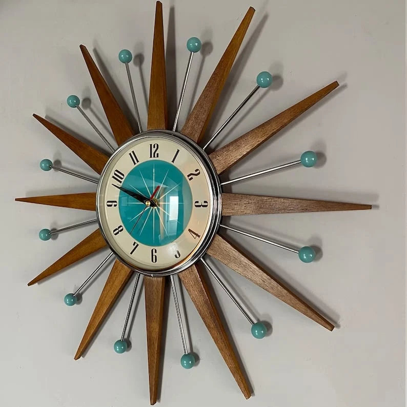 Wall Clock Mid-Century Sunburst Silent Operation Handcrafted Construction