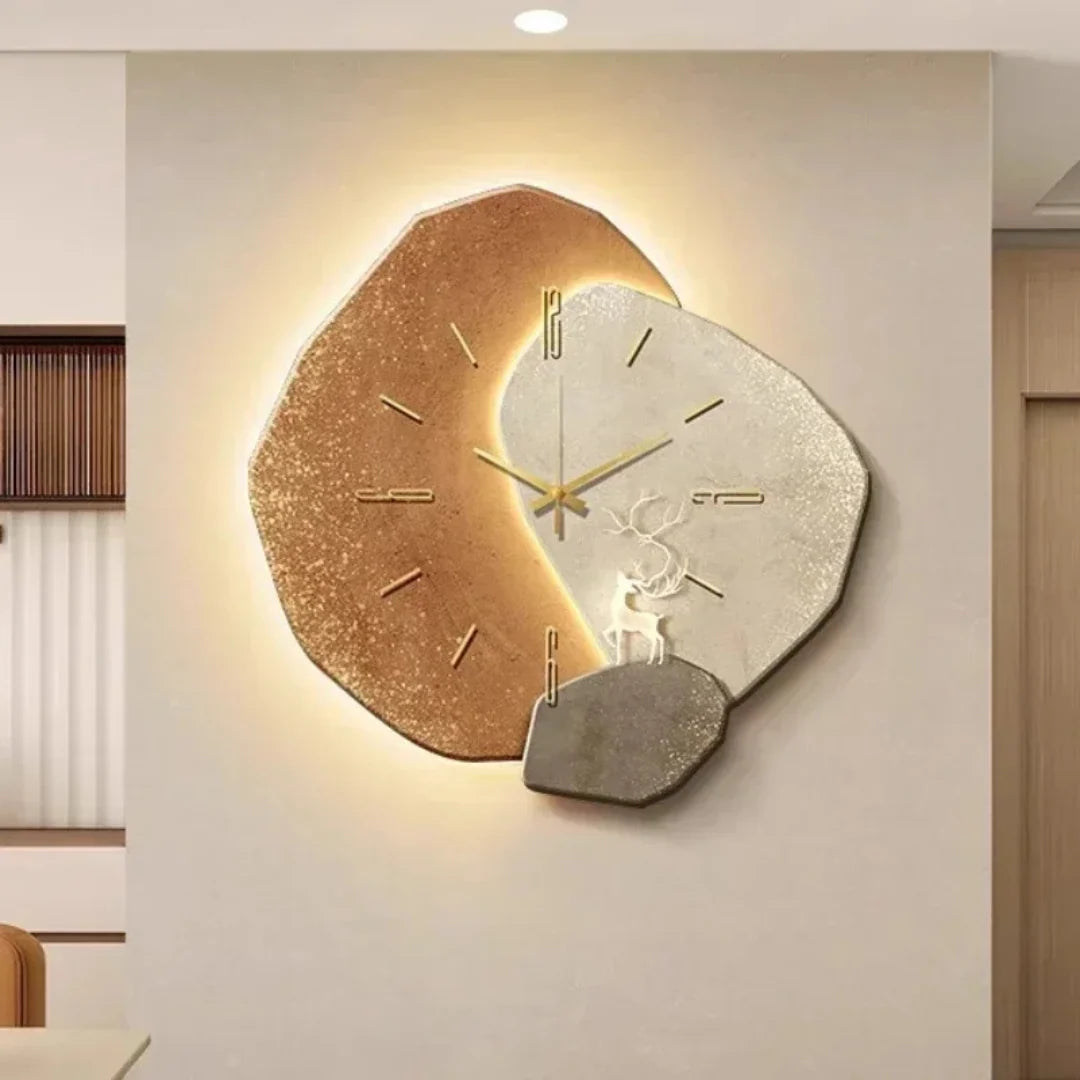Wall Clock Wooden Geometric Design Silent Quartz LED Backlight