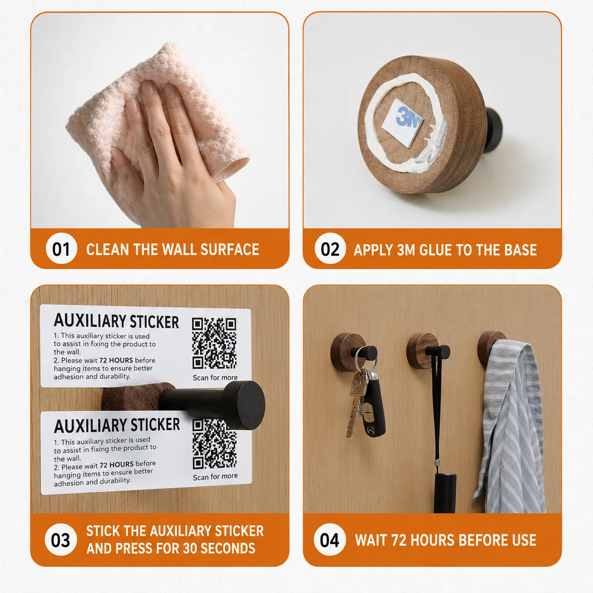 Wall Hook Solid Wood Self-Adhesive Drill-Free Installation