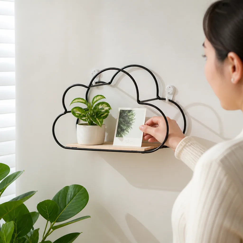 Wall Shelf Cloud-Shaped Metal & Wood Construction
