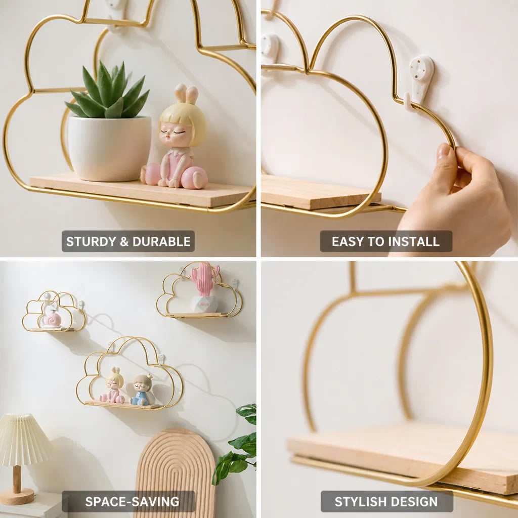Wall Shelf Cloud-Shaped Metal & Wood Construction