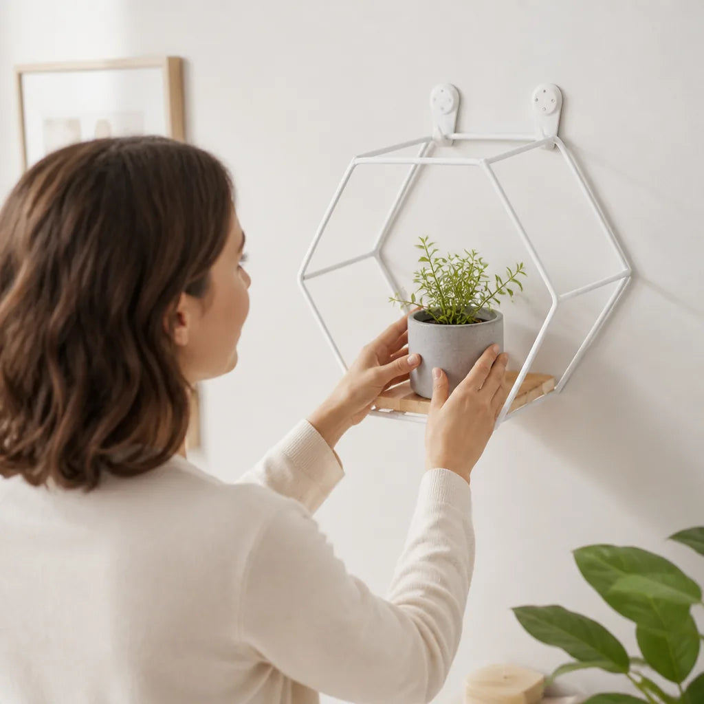 Wall Shelf Hexagonal Wood & Metal With Mounting Hardware