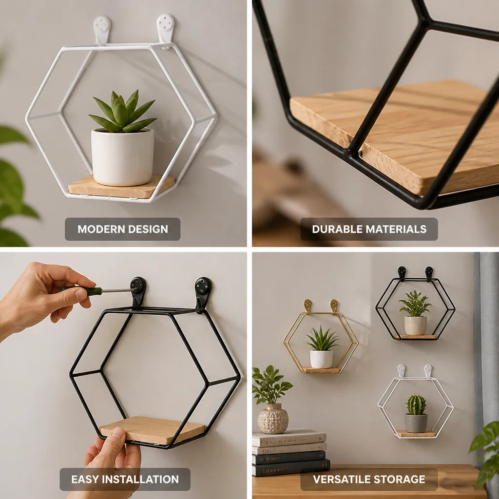 Wall Shelf Hexagonal Wood & Metal With Mounting Hardware