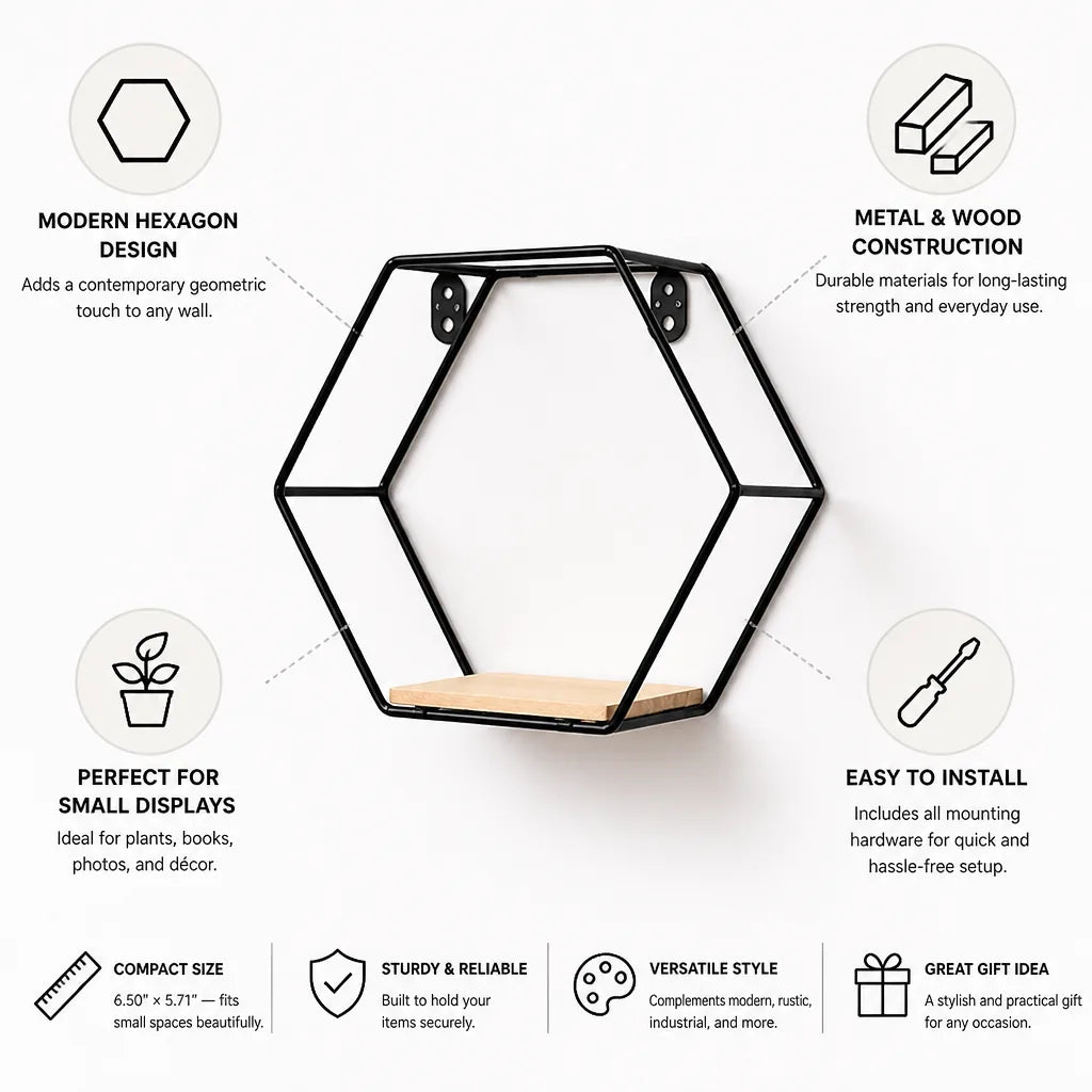 Wall Shelf Hexagonal Wood & Metal With Mounting Hardware