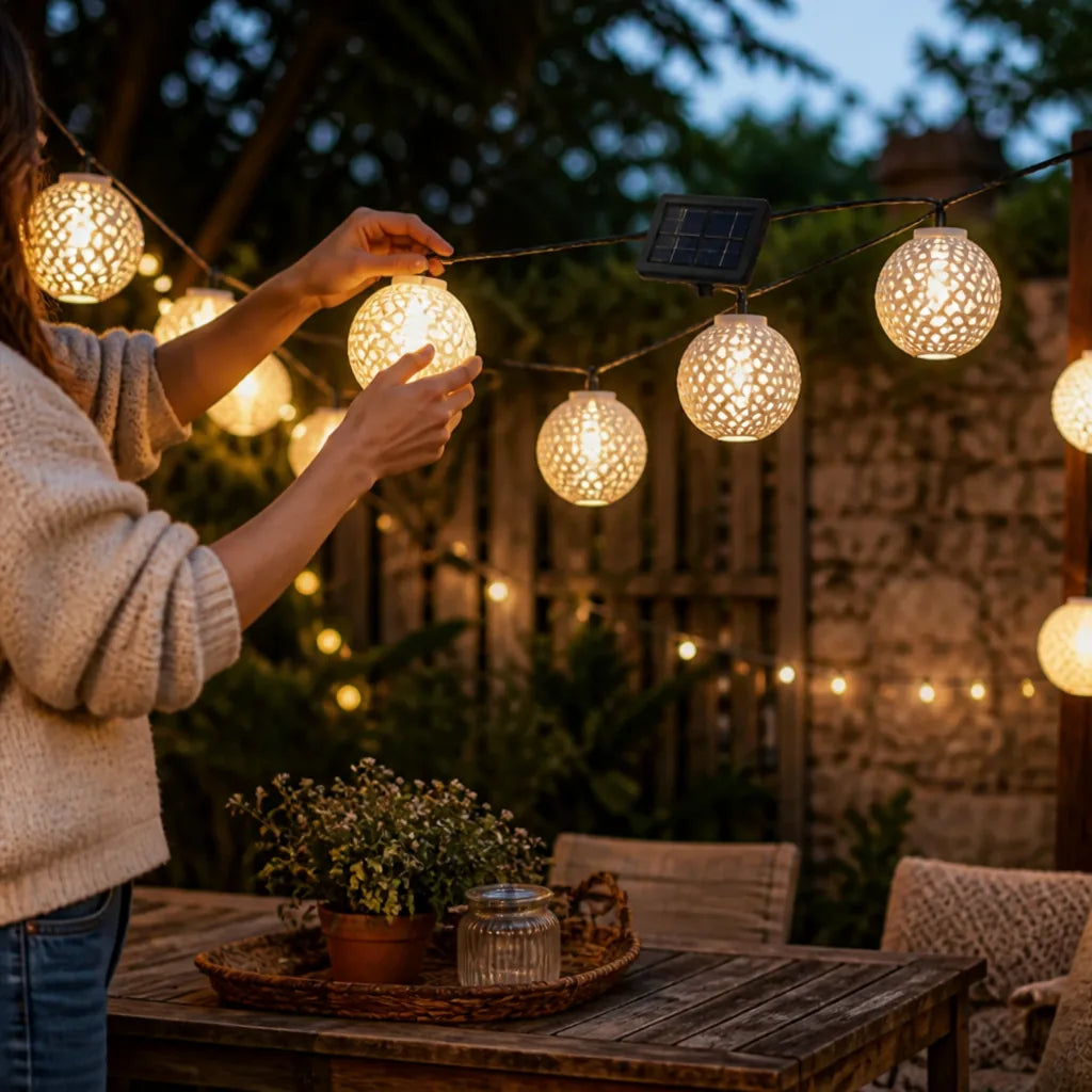 Weather-Resistant Solar LED Round Lantern String Lights