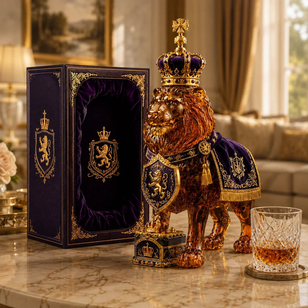 Whiskey Decanter Glass Sculpted Lion 11.8 Oz Capacity