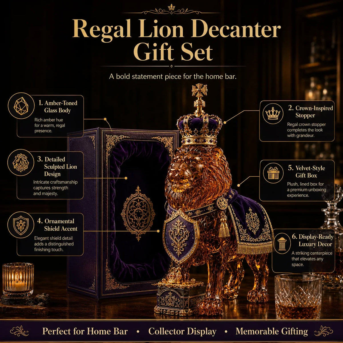 Whiskey Decanter Glass Sculpted Lion 11.8 Oz Capacity