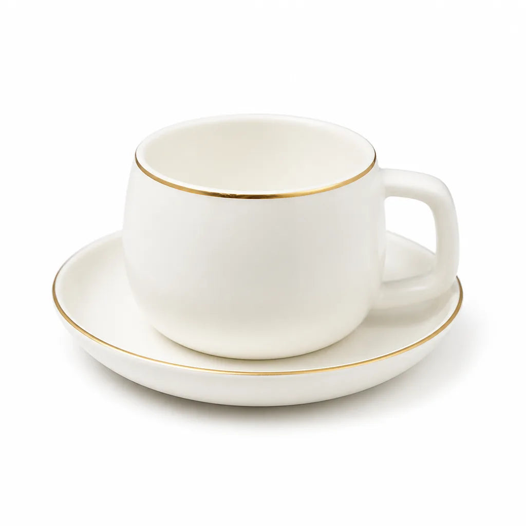 Wide Rounded Coffee Cup and Saucer with Gold Rim (Set of 2)