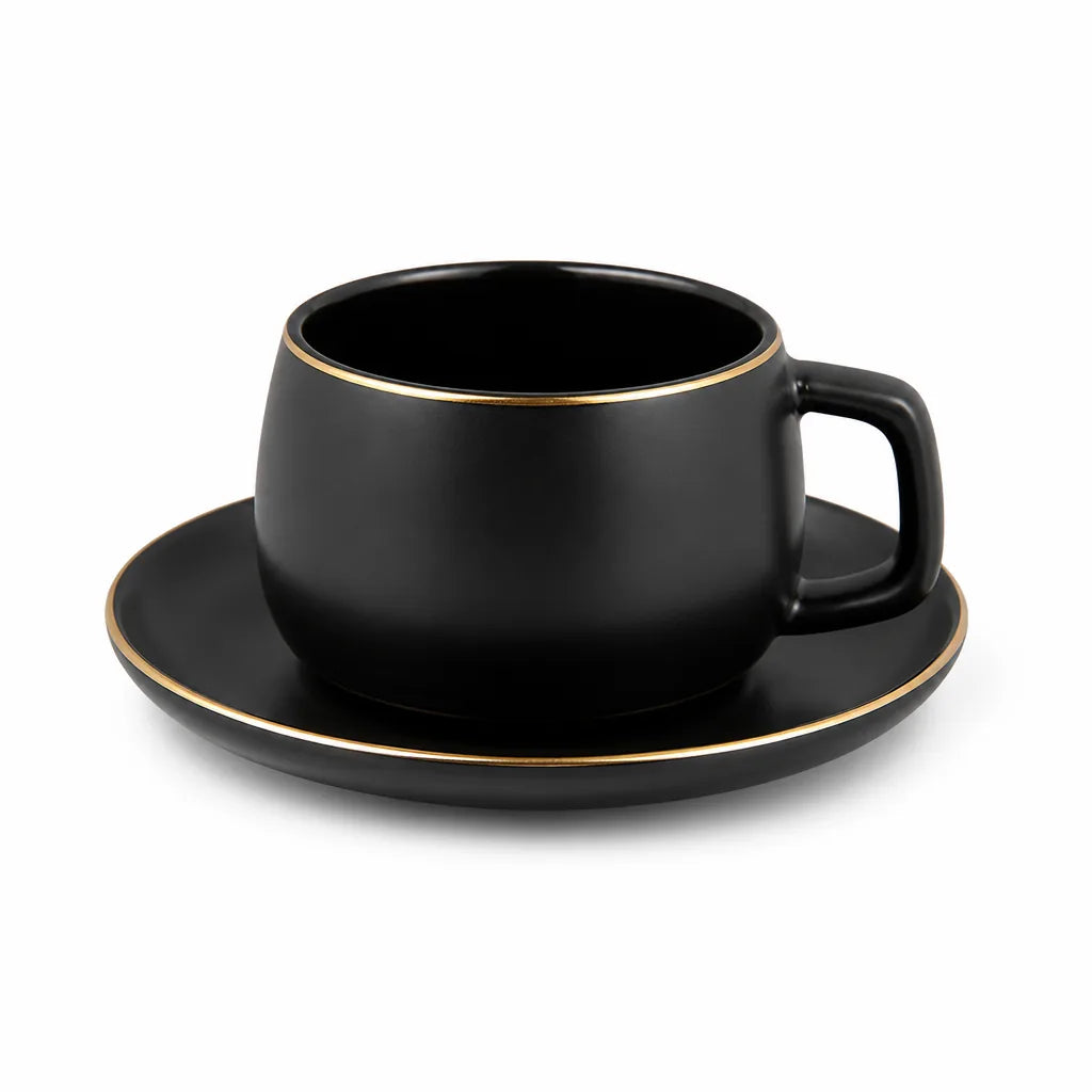 Wide Rounded Coffee Cup and Saucer with Gold Rim (Set of 2)