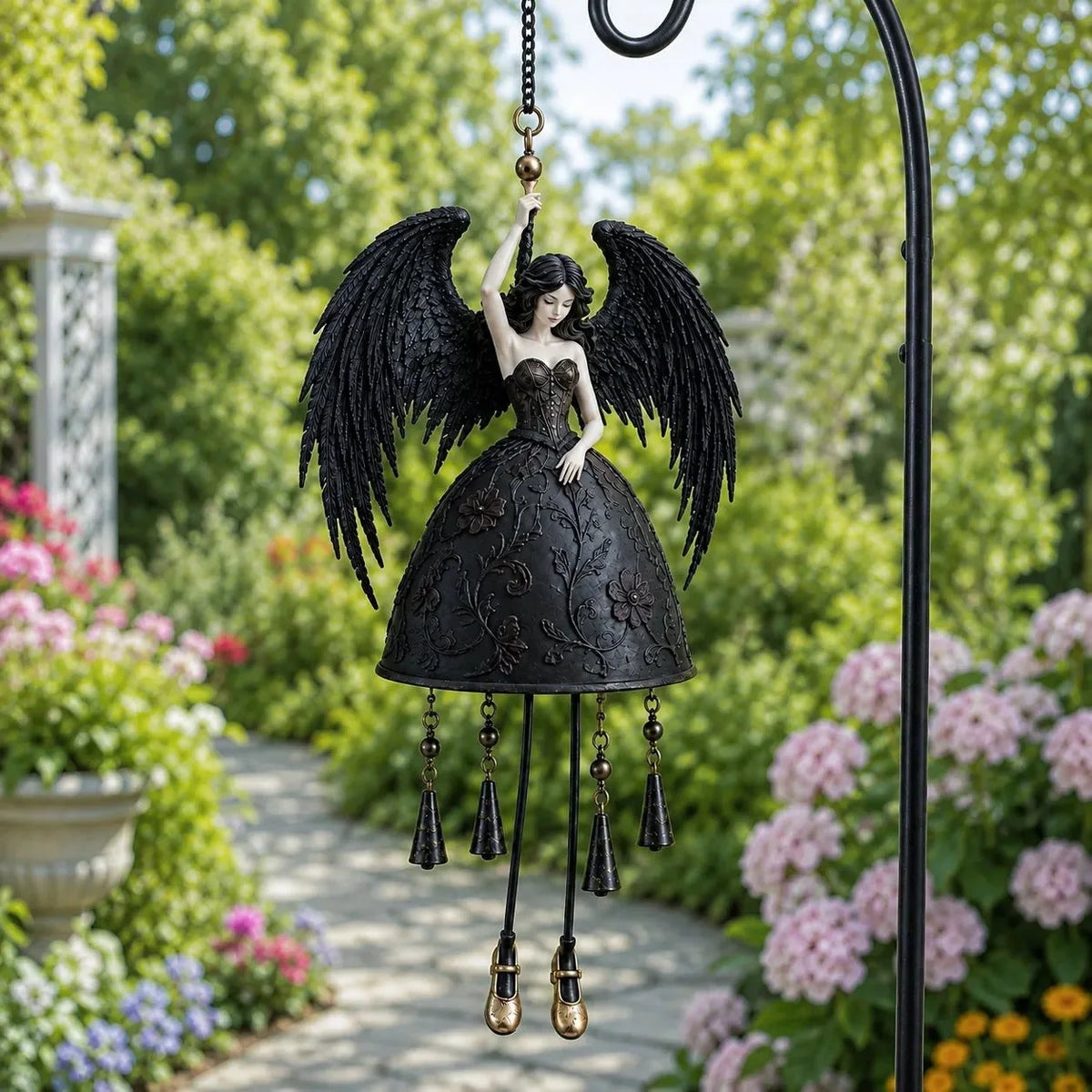 Wind Chime Gothic Angel Black Wings Hanging Chimes