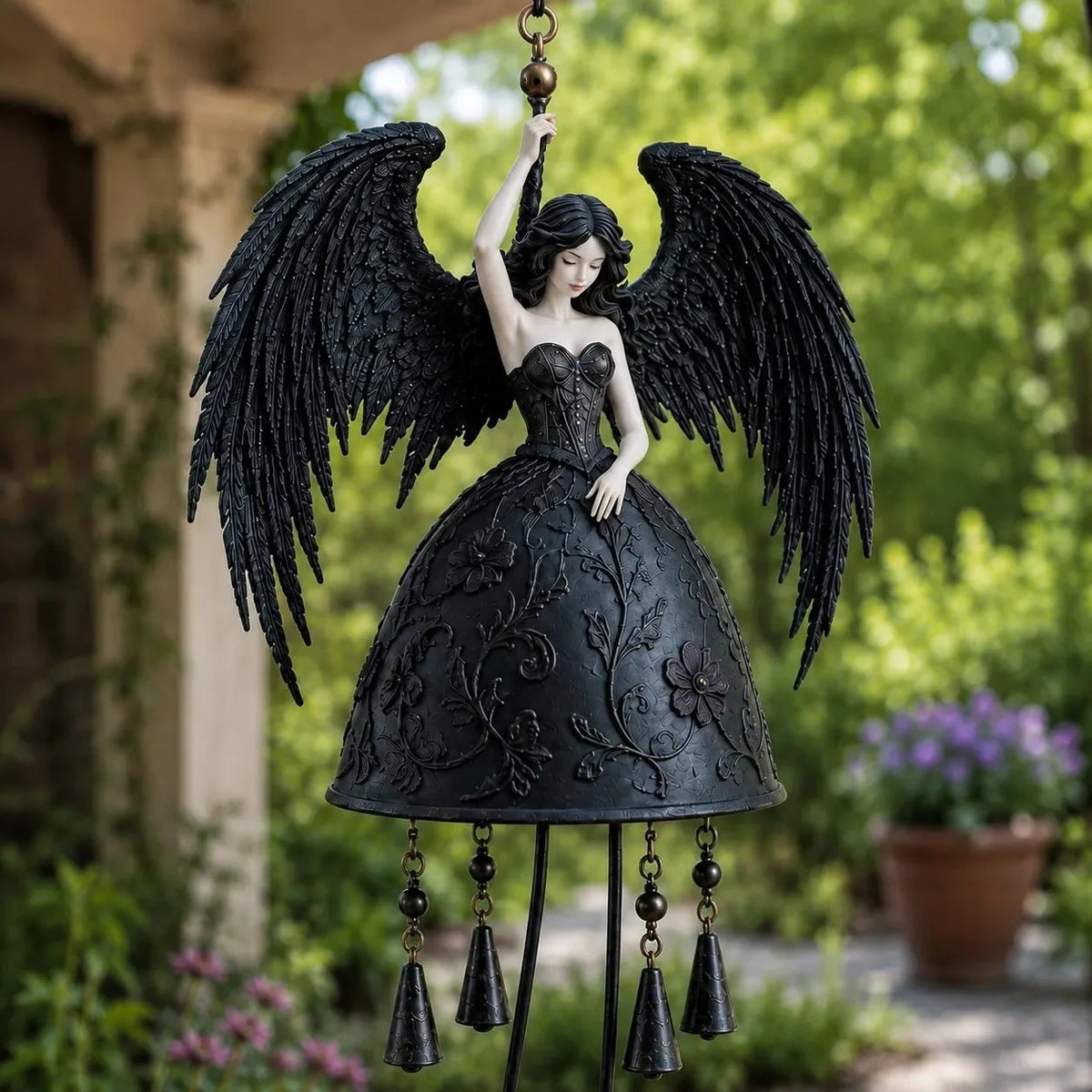 Wind Chime Gothic Angel Black Wings Hanging Chimes