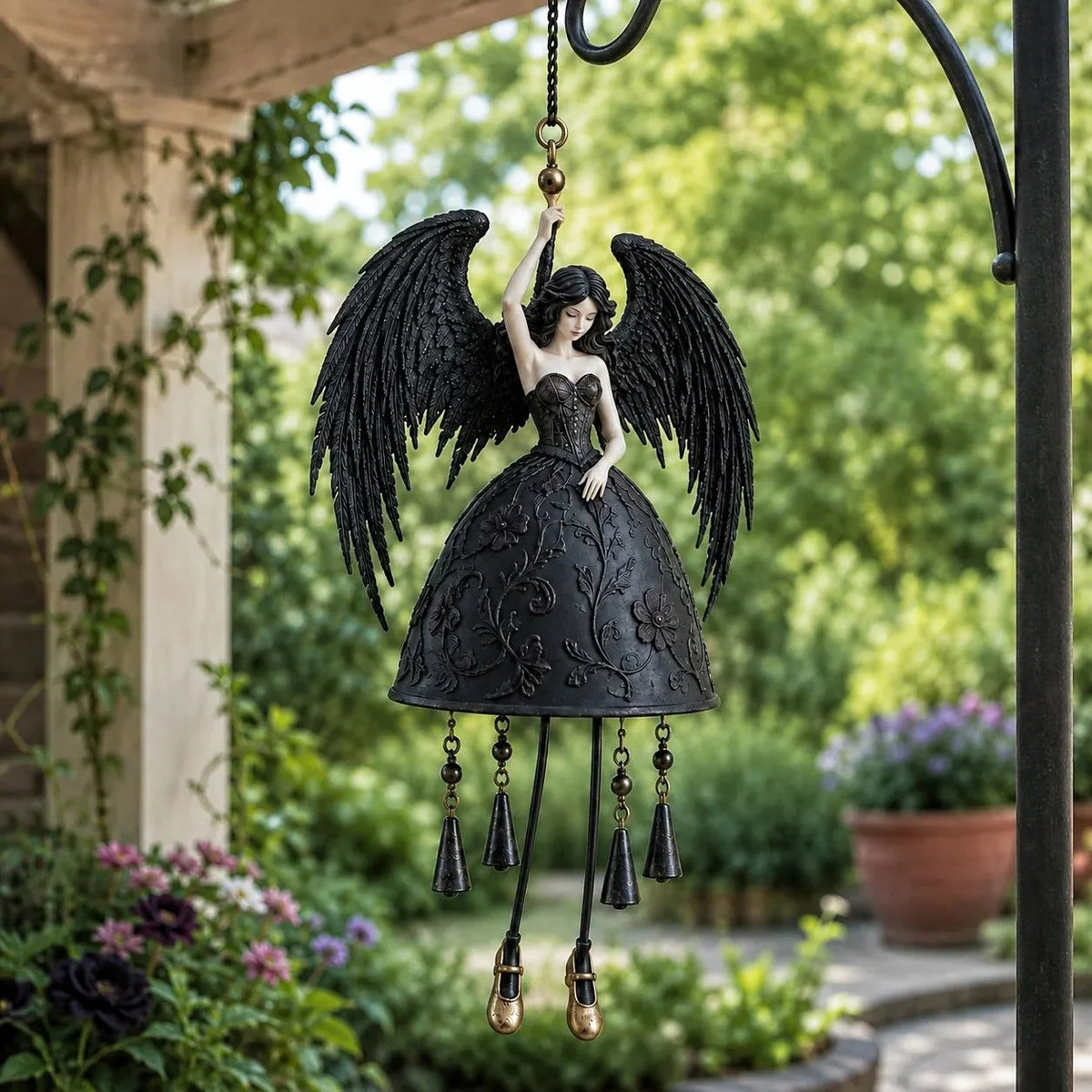 Wind Chime Gothic Angel Black Wings Hanging Chimes