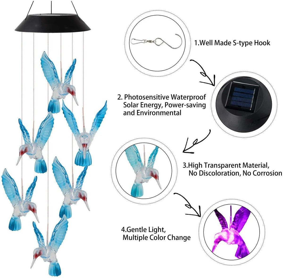 Wind Chime Hummingbird Solar-Powered Multicolor LED IP65 Rated