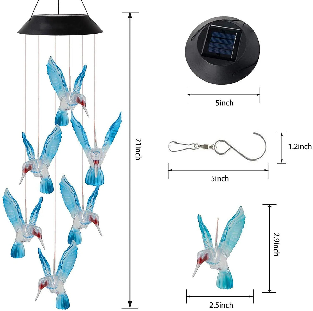 Wind Chime Hummingbird Solar-Powered Multicolor LED IP65 Rated