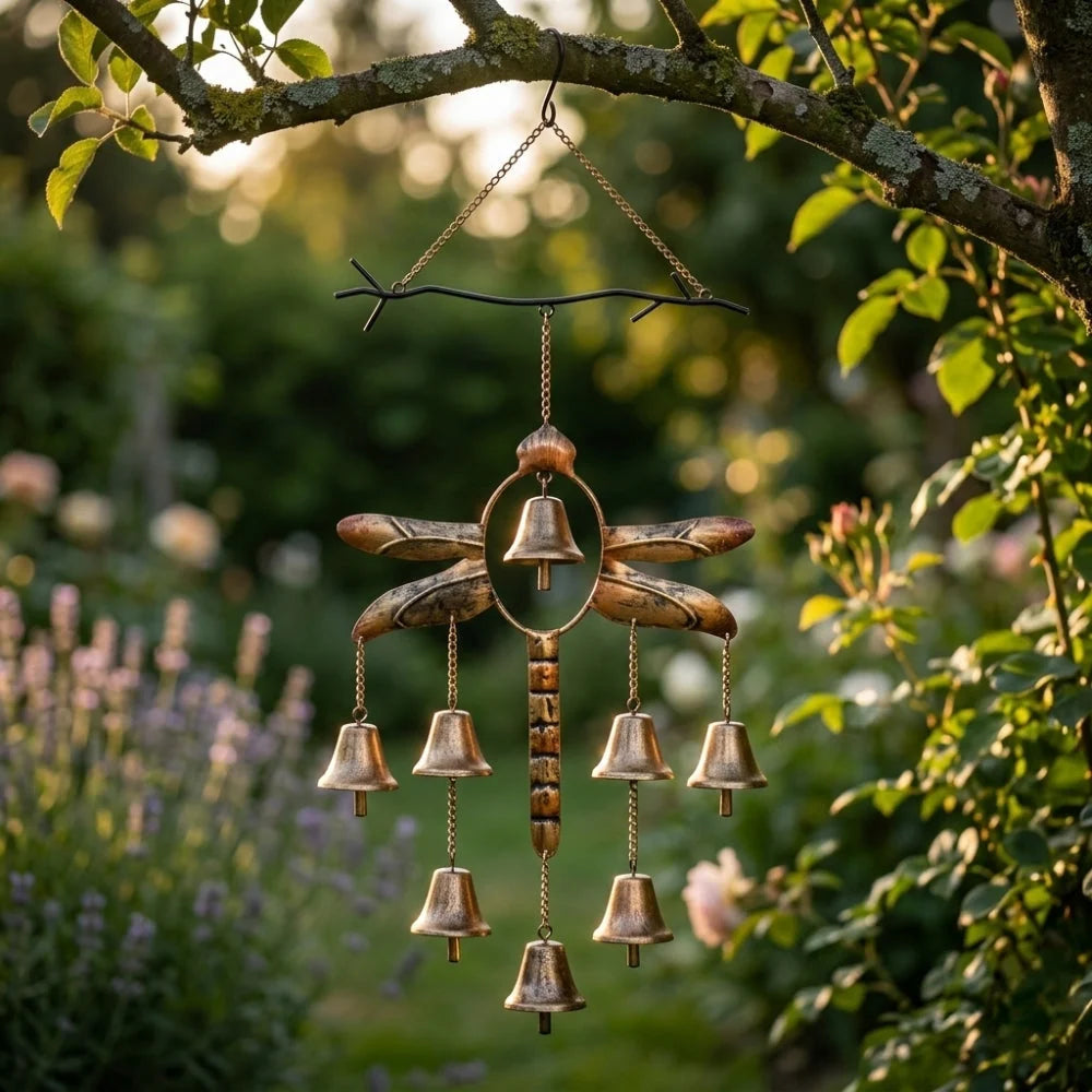 Wind Chime Iron Dragonfly Design With Dangling Bells