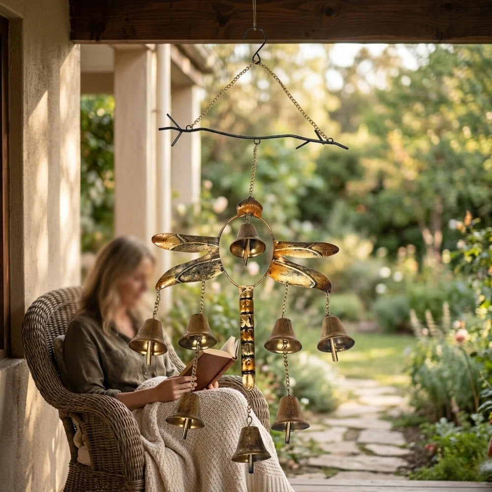 Wind Chime Iron Dragonfly Design With Dangling Bells