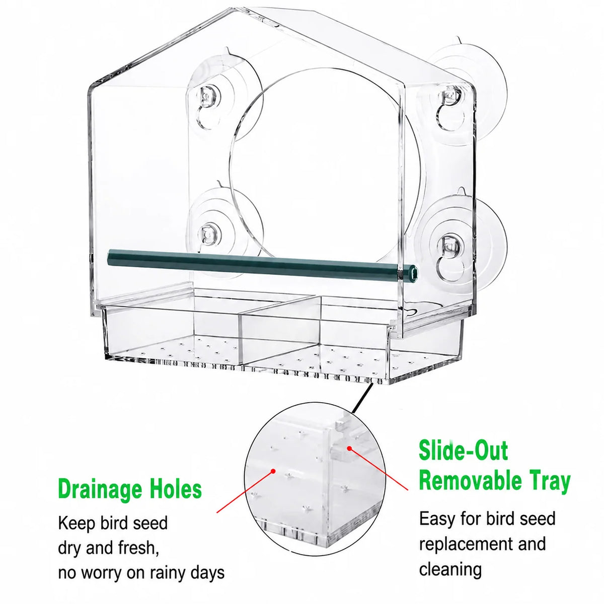 Window Bird Feeder Clear Acrylic Suction Cup Mount Removable Tray