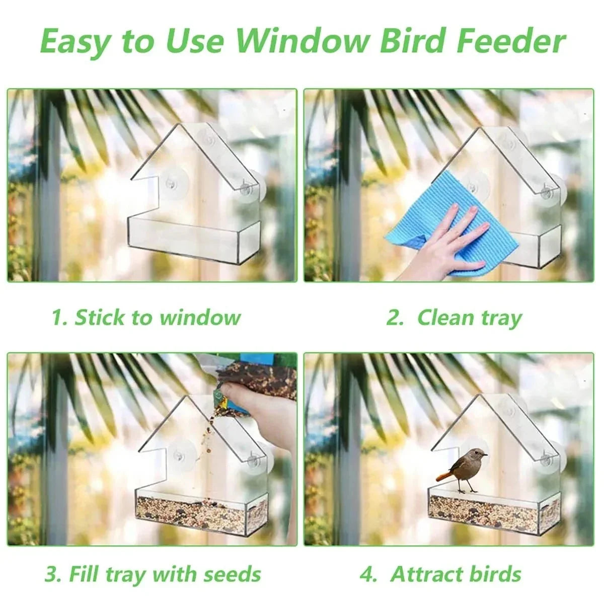 Window Bird Feeder Clear View Suction Cup Mounting Spacious Seed Tray