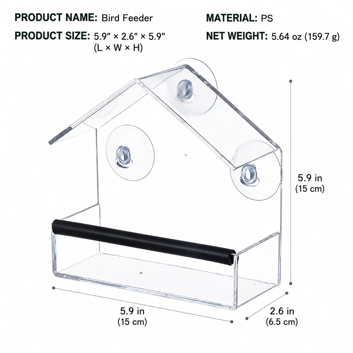 Window Bird Feeder Clear View Suction Cup Mounting Spacious Seed Tray