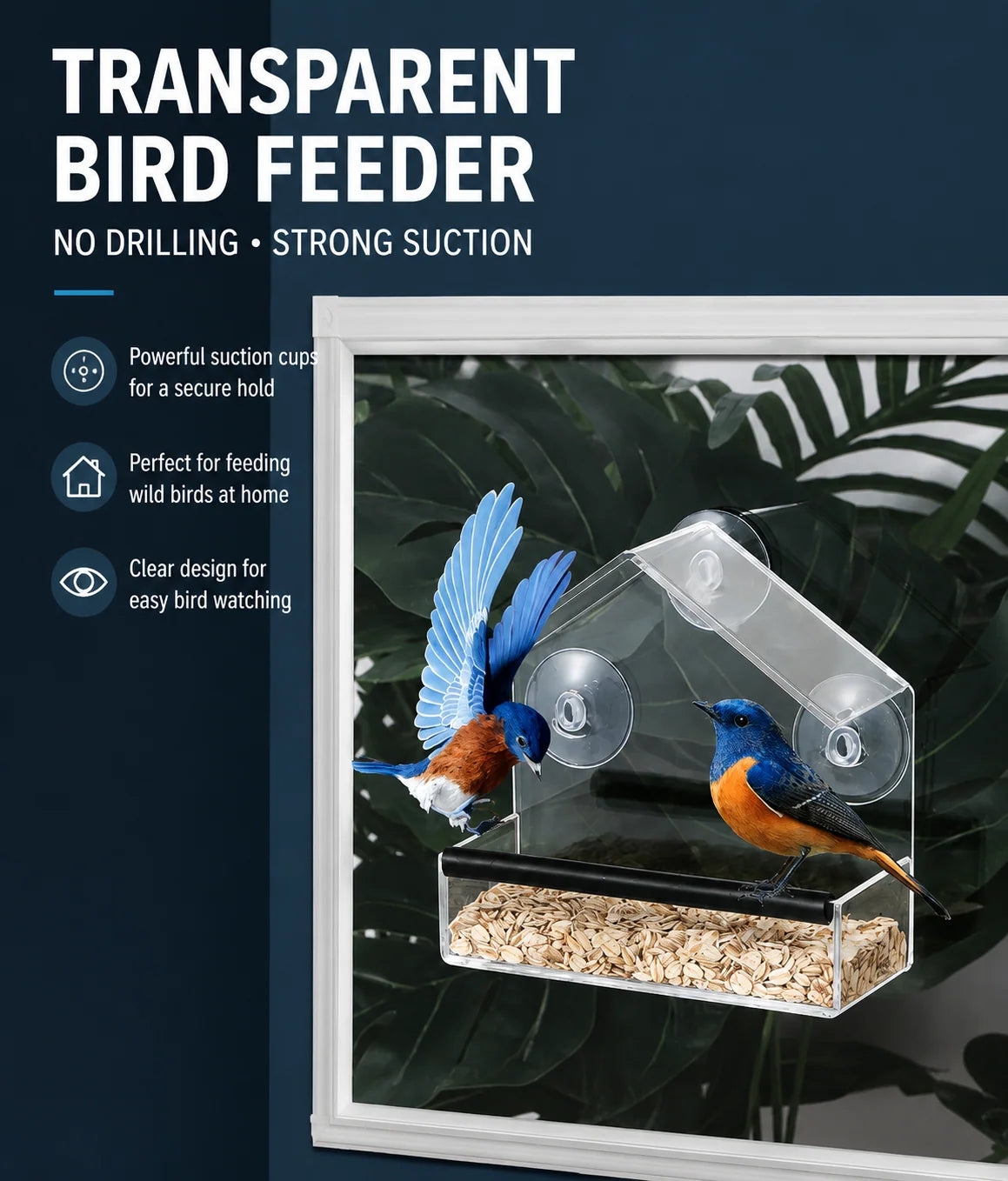 Window Bird Feeder Clear View Suction Cup Mounting Spacious Seed Tray