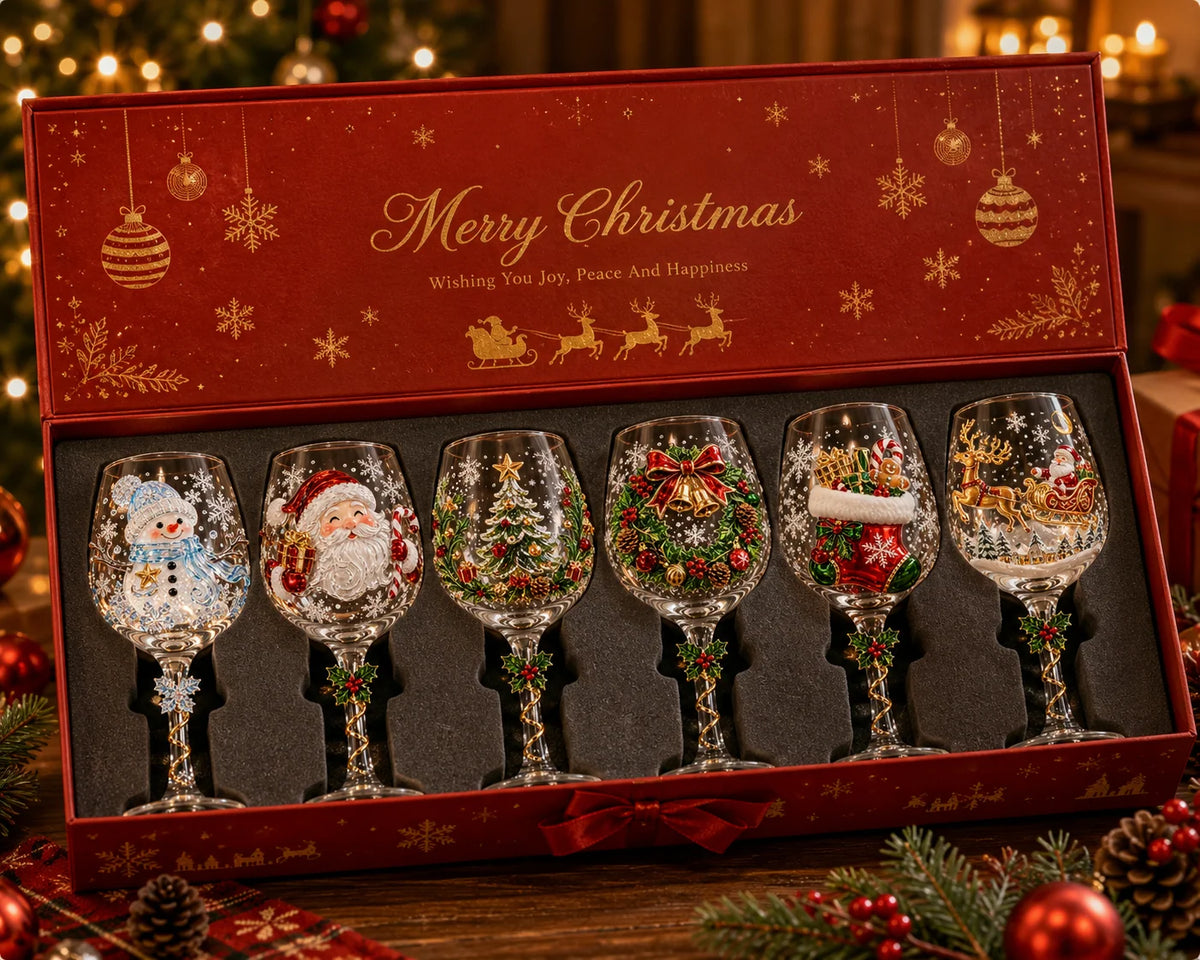 Wine Glass Set Raised 3D Holiday Designs Set of 6