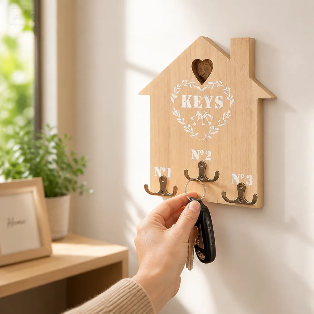 Wooden Key Holder House-Shaped Multiple Hooks Wall-Mounted
