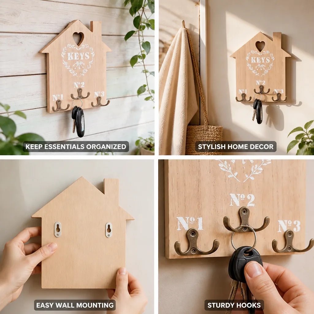 Wooden Key Holder House-Shaped Multiple Hooks Wall-Mounted
