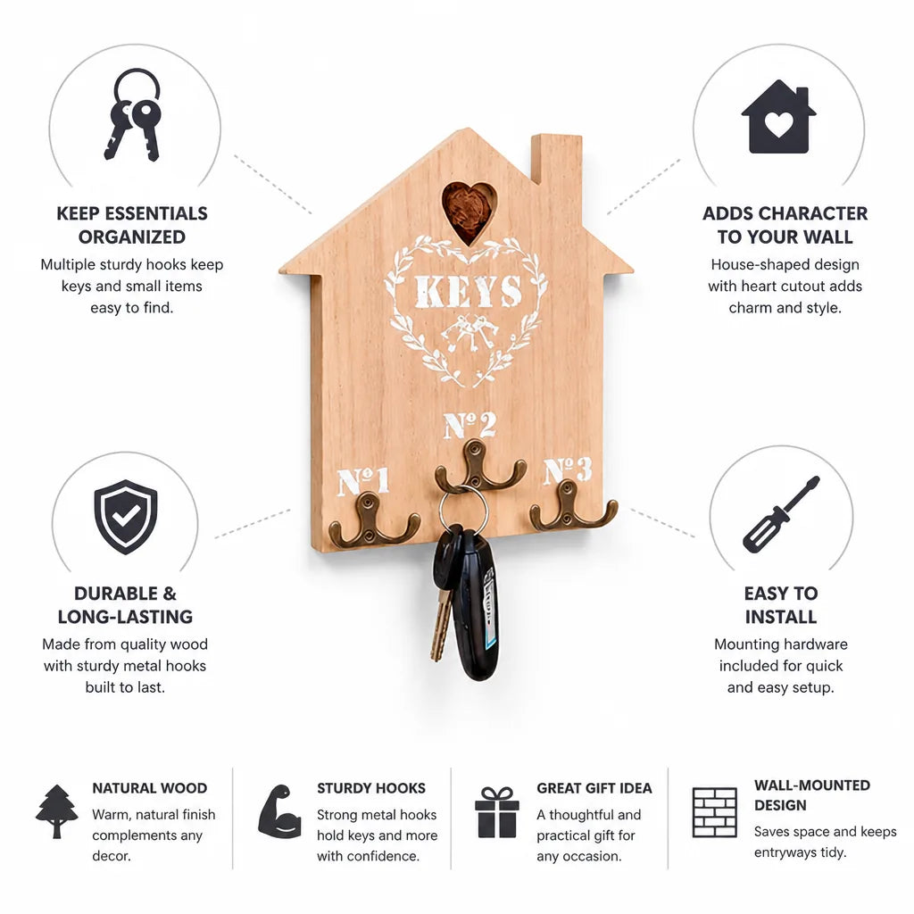 Wooden Key Holder House-Shaped Multiple Hooks Wall-Mounted