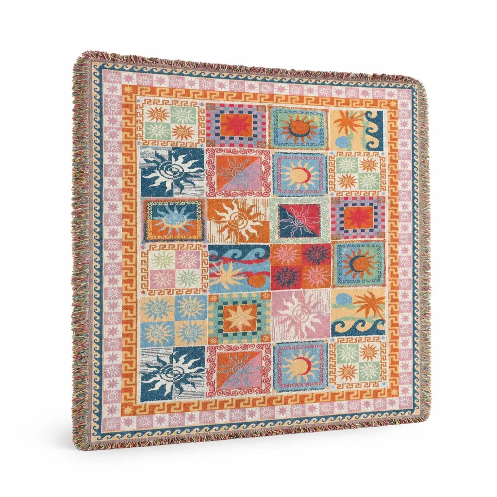 Woven Boho Patchwork Fringed-Edge Picnic Blanket