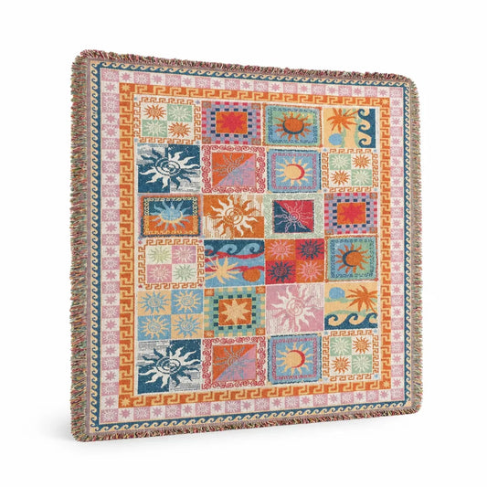 Woven Boho Patchwork Fringed-Edge Picnic Blanket