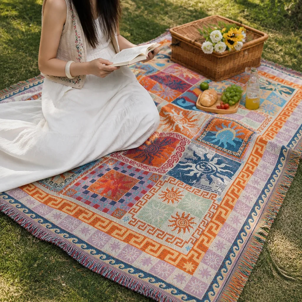 Woven Boho Patchwork Fringed-Edge Picnic Blanket