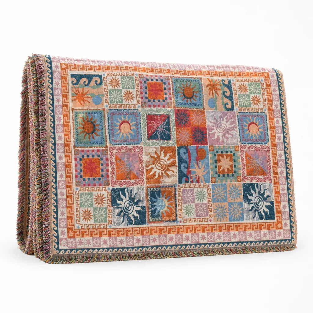 Woven Boho Patchwork Fringed-Edge Picnic Blanket