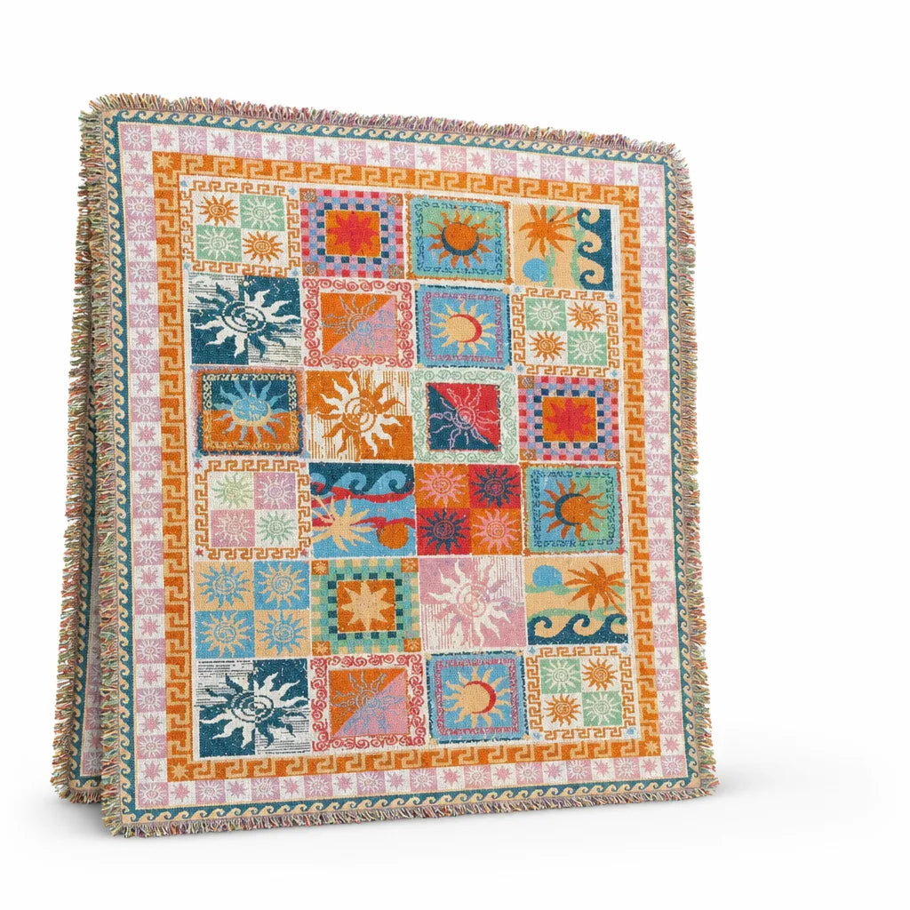 Woven Boho Patchwork Fringed-Edge Picnic Blanket